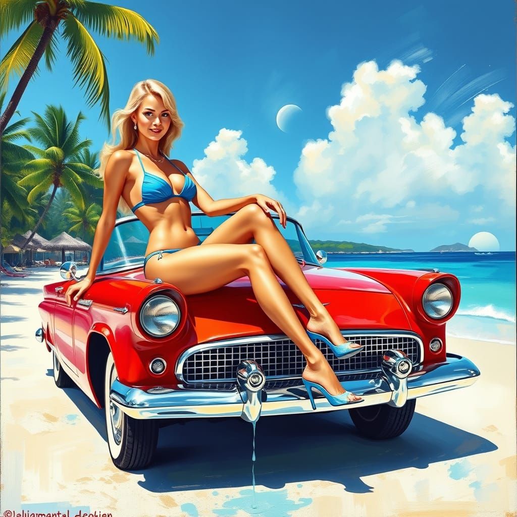 Blond Pin-Up on Red Thunderbird in Oil Painting Style