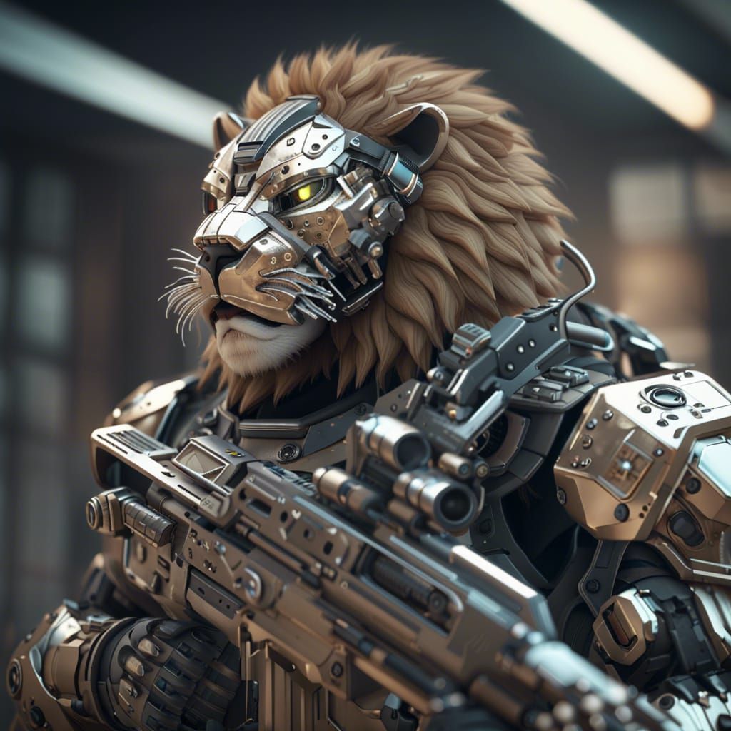Futuristic Lion Soldier with Goggles in Sci-Fi Style