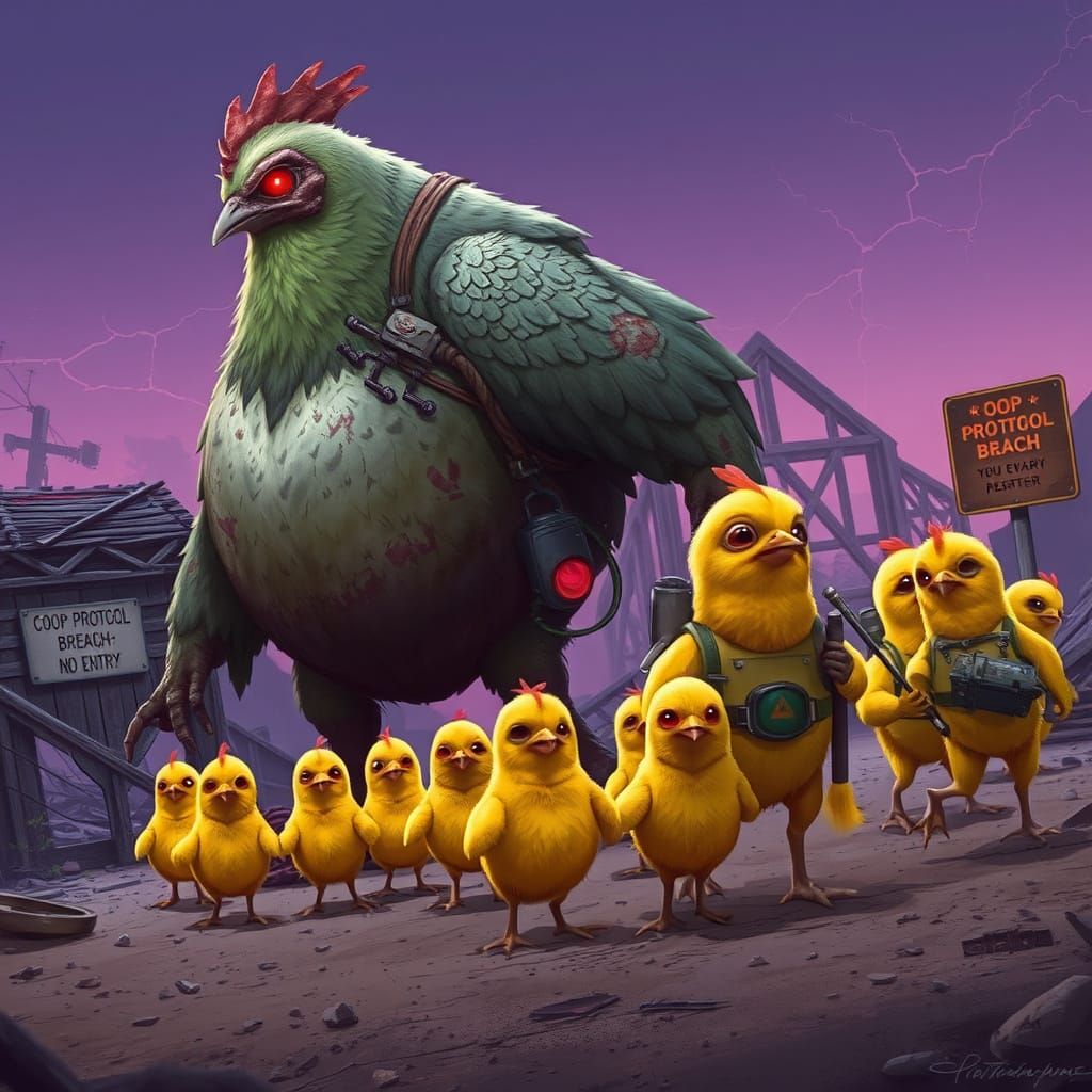 Towering Zombie Chicken Leads Army Through Ruined Farmyard