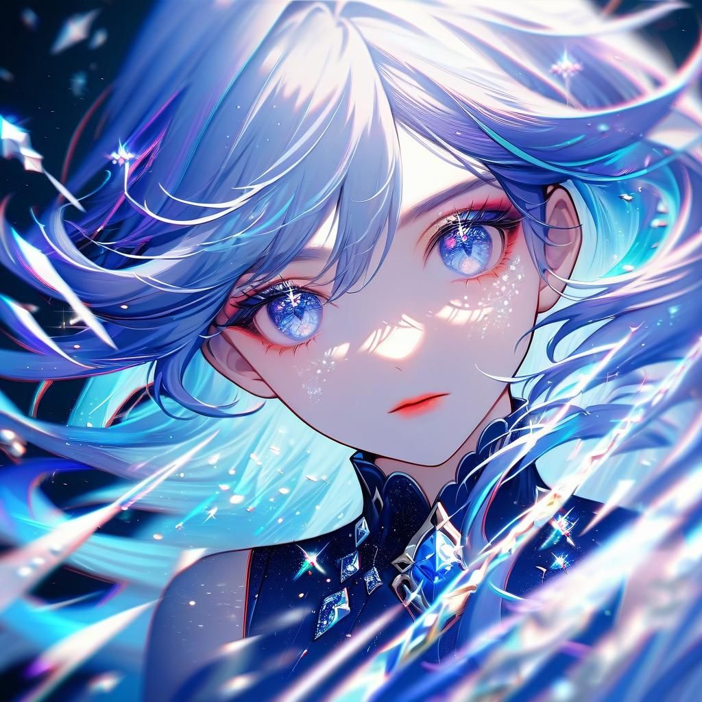 Gentle Anime Goddess with Glittering Blue Hair