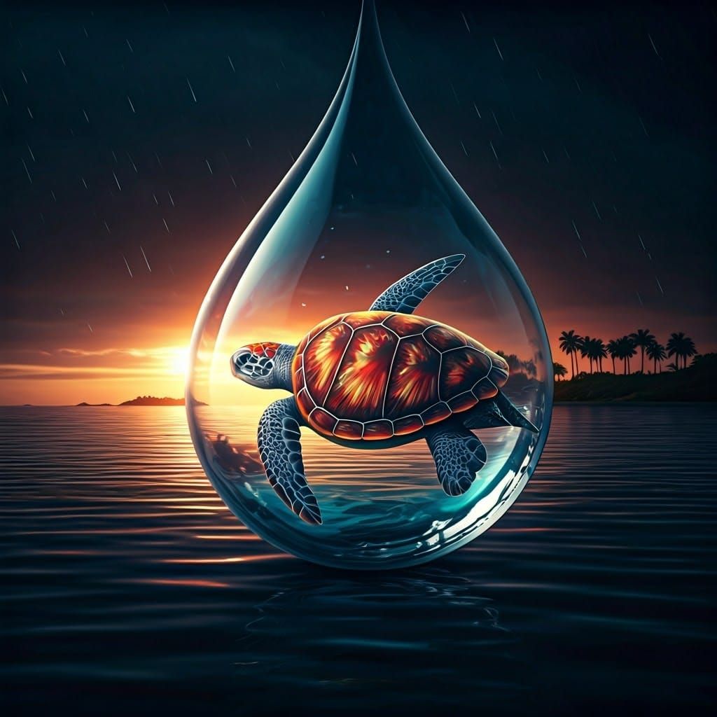 Iridescent Turtle in Raindrop on Tropical Island