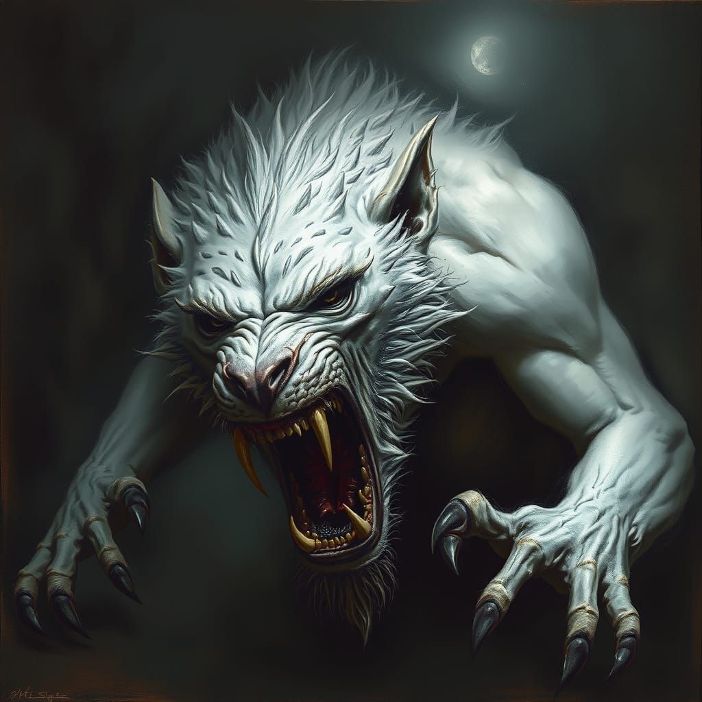 Fierce White Creature with Ape Body and Wolf Teeth