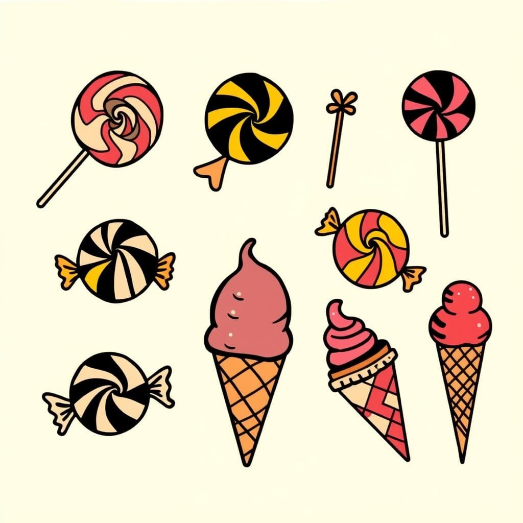 Candy Themed Flash Tattoo Sheet in Pop Art Style