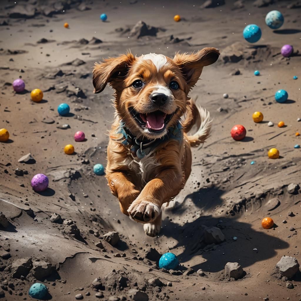 Happy Puppy Portrait on Moon in Splash Art Style