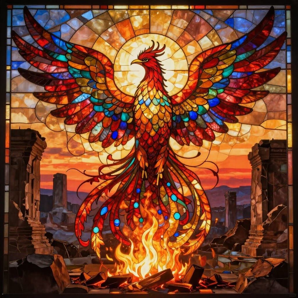 Majestic Phoenix Rises in Vibrant Stained Glass Art Nouveau ...