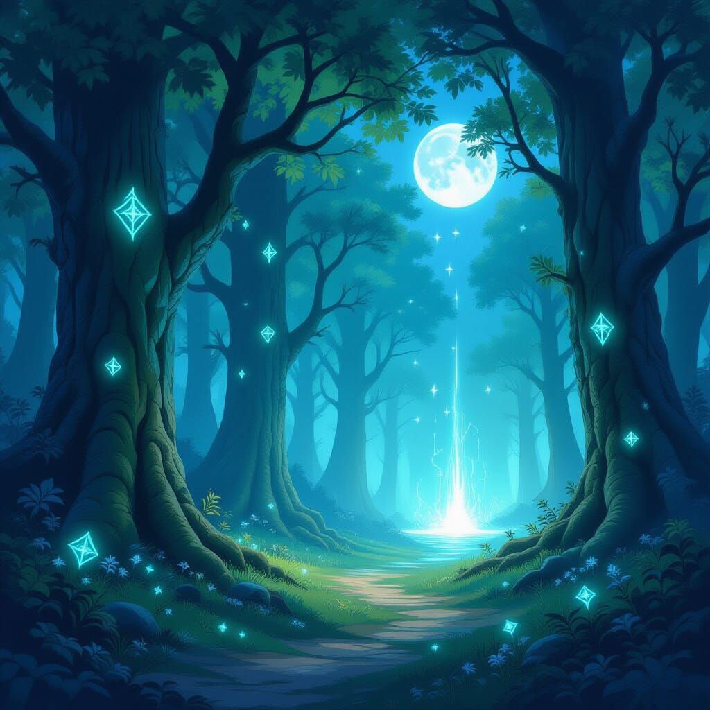 Ethereal Moonlight Forest with Glowing Runes and Portal