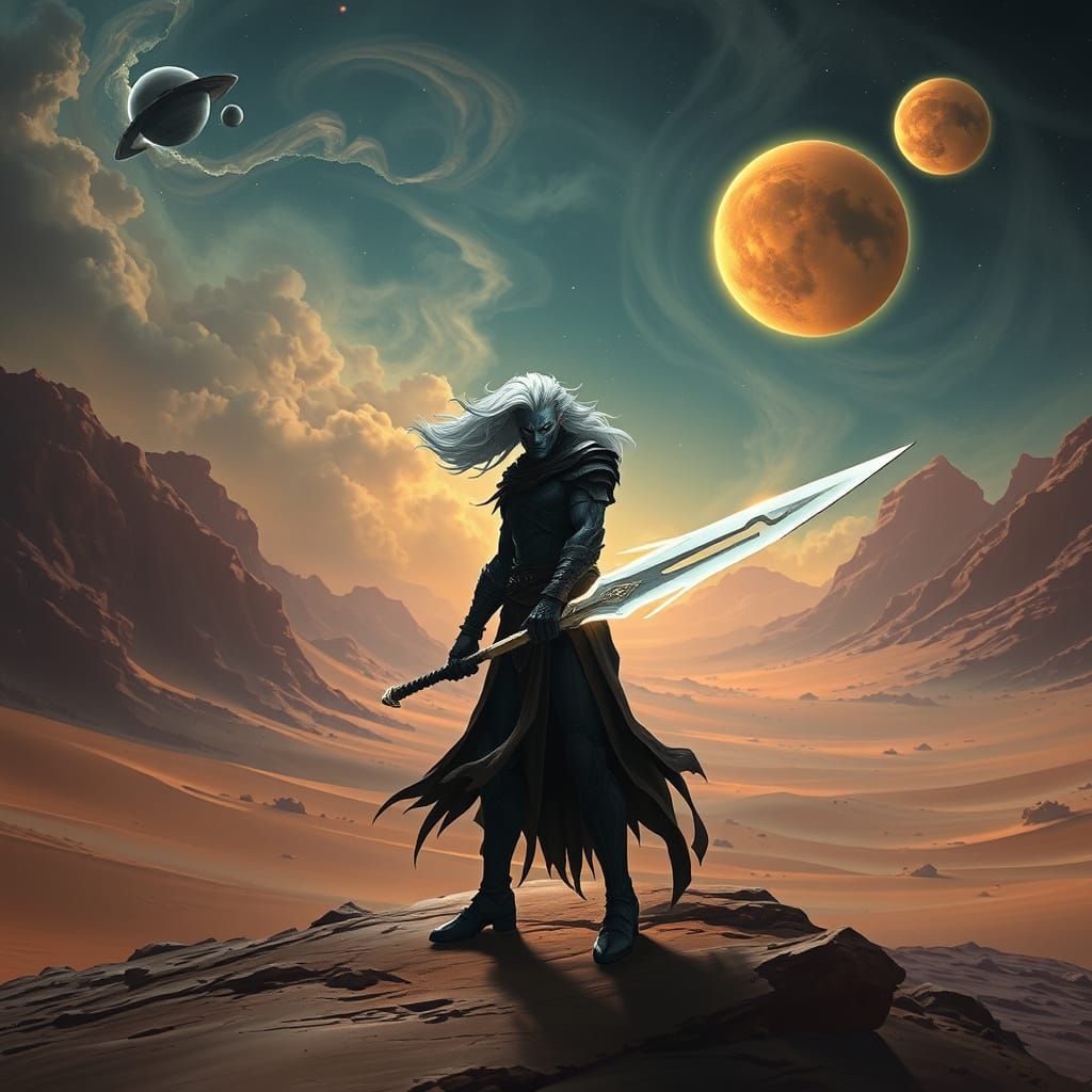 Drow Warrior in Alien Desert: Surreal Octane Render
