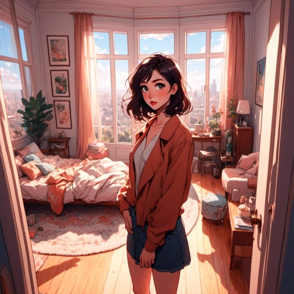 Staged Home with Peeping Woman: Anime Illustration