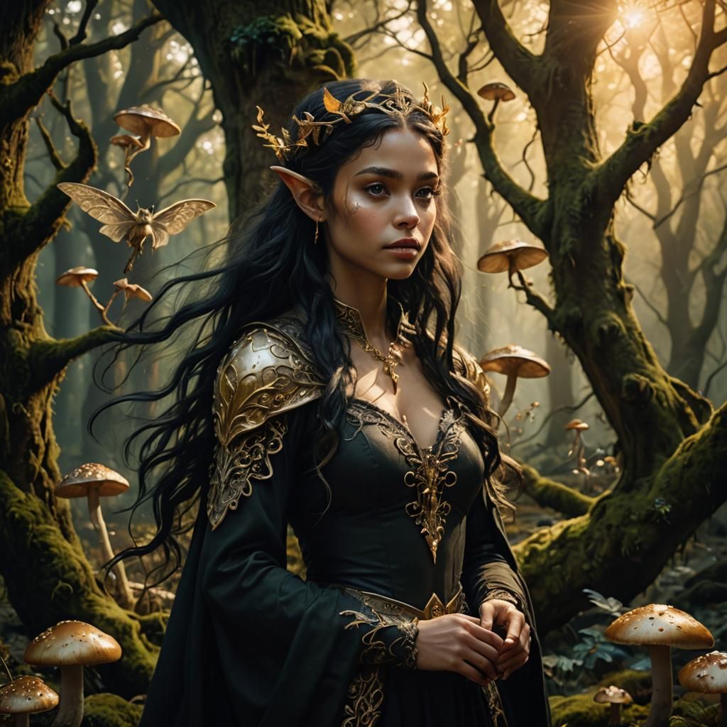 Enchanted Elf Princess in Dark Fantasy Forest