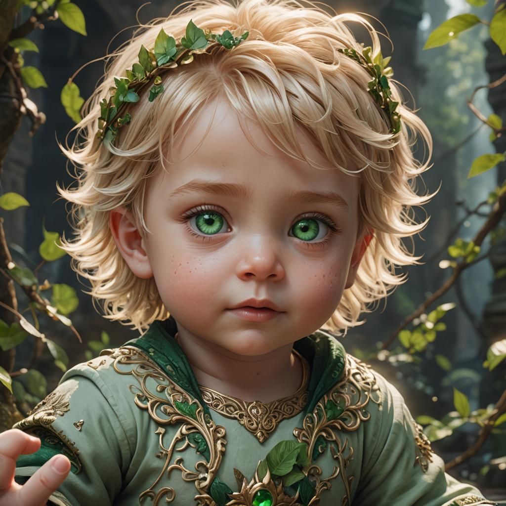 Cute Baby with Green Eyes in Detailed Fantasy Art