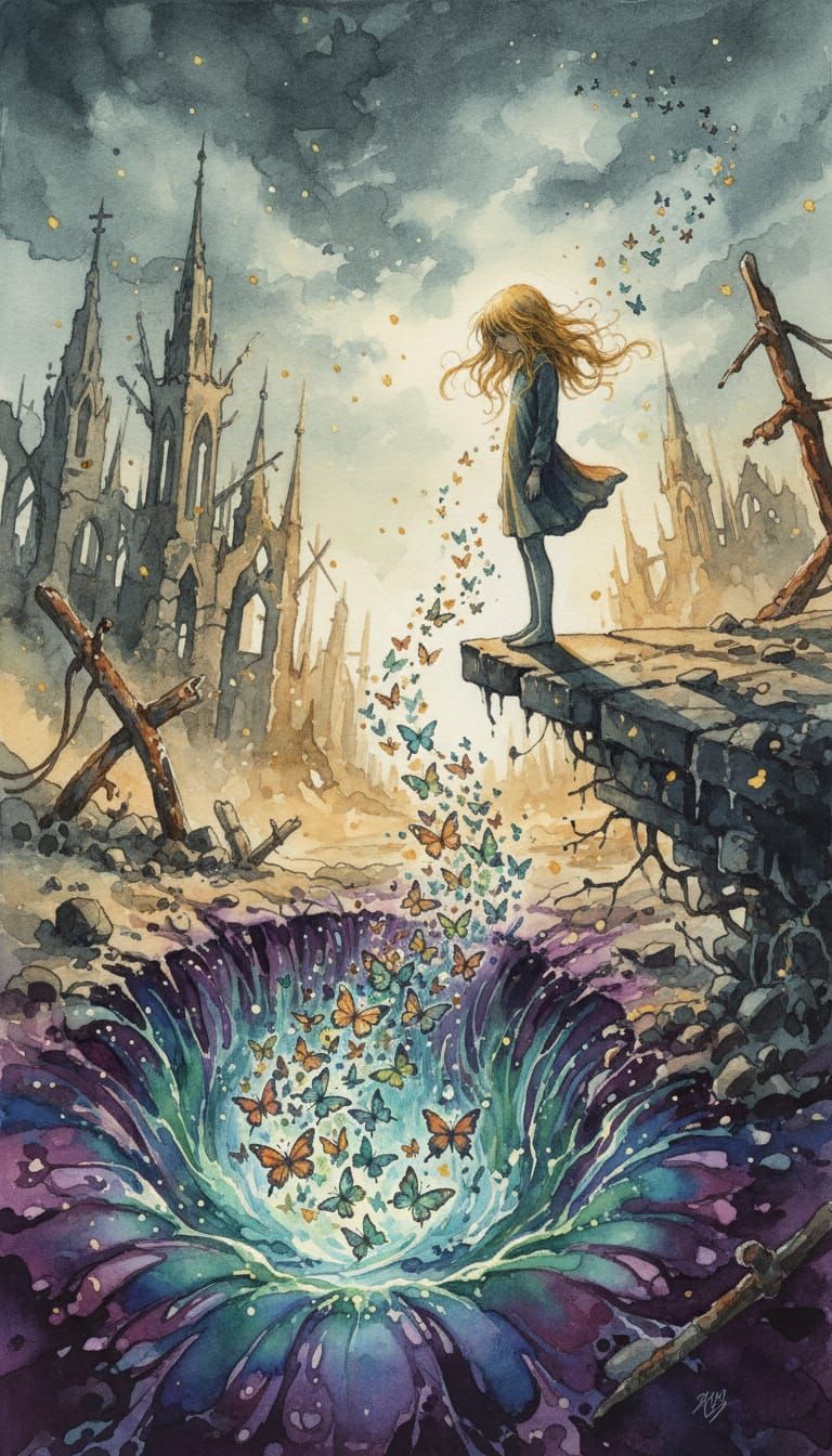 Child Gazes at Reality Tear in Gothic Cityscape