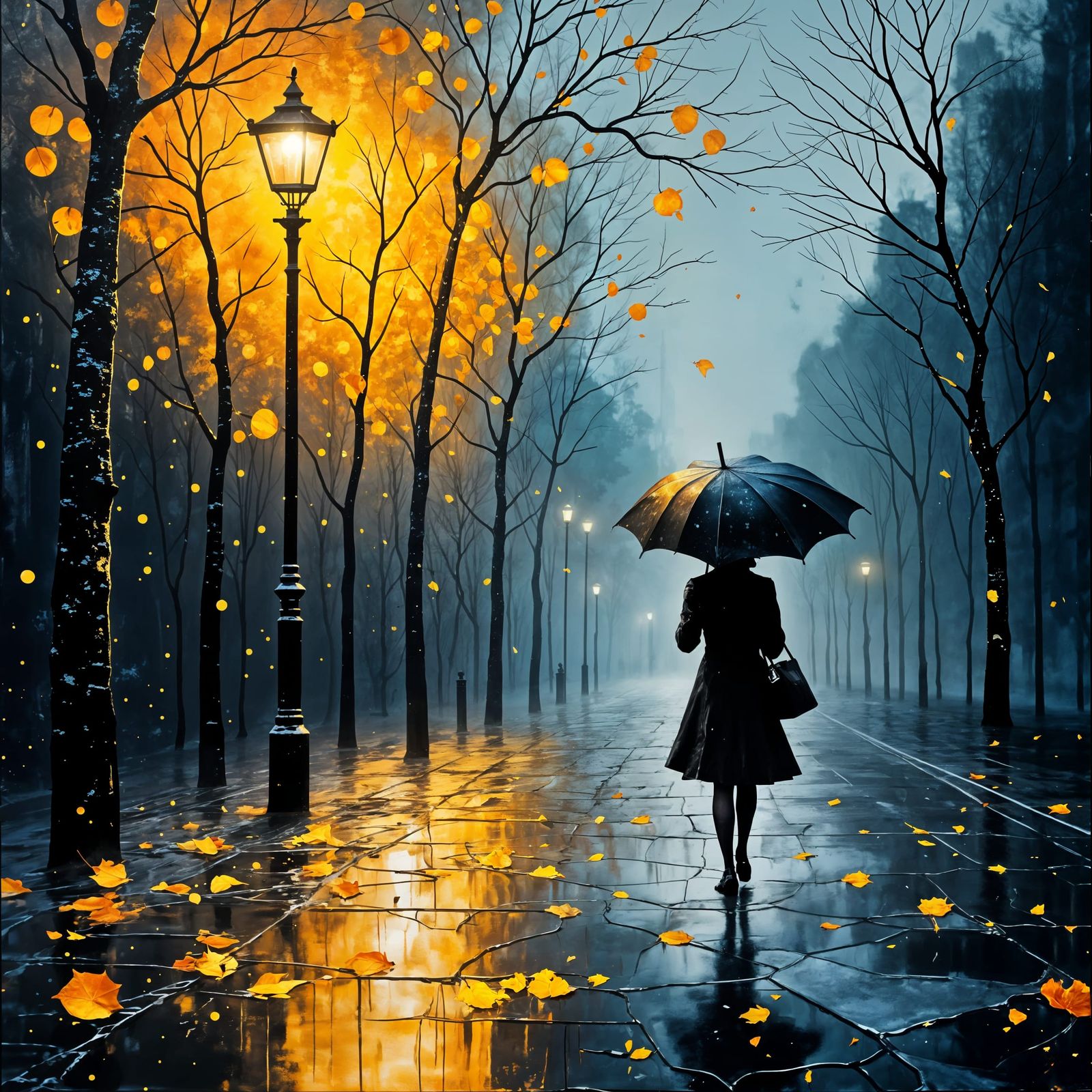 Rainy Night Walk: An Impressionistic Oil Painting