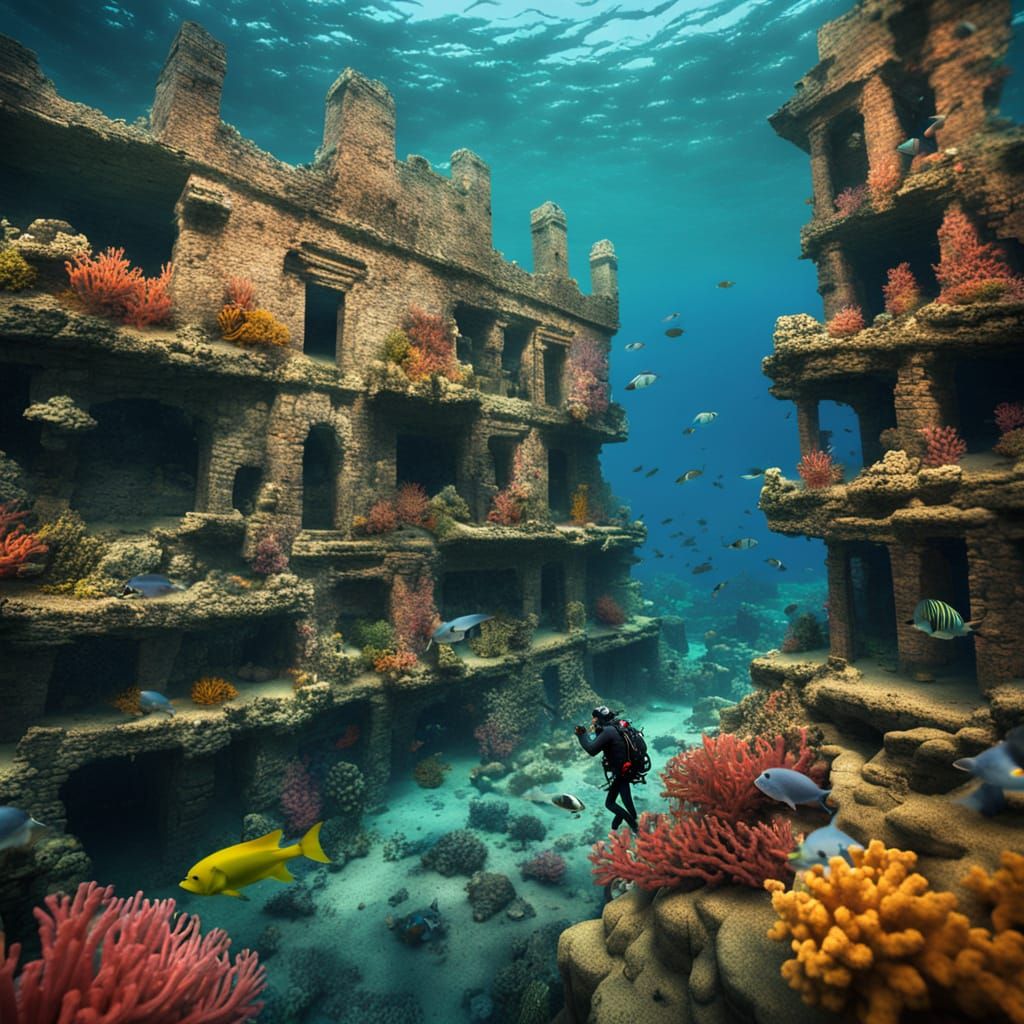 Diver Explores Sunken City in Tilt-Shift Style