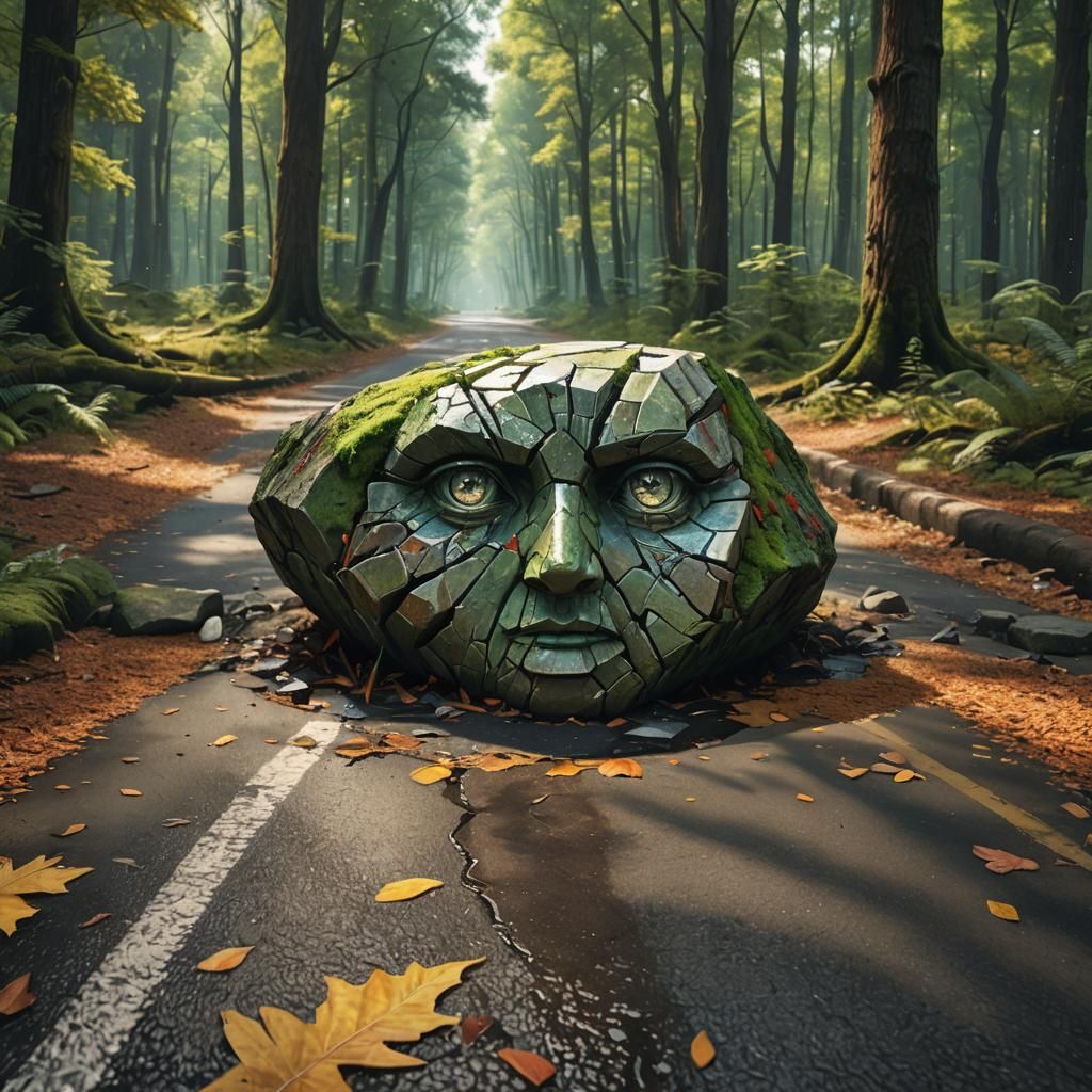 Stone on Forest Road in Hyperrealistic Splash Art