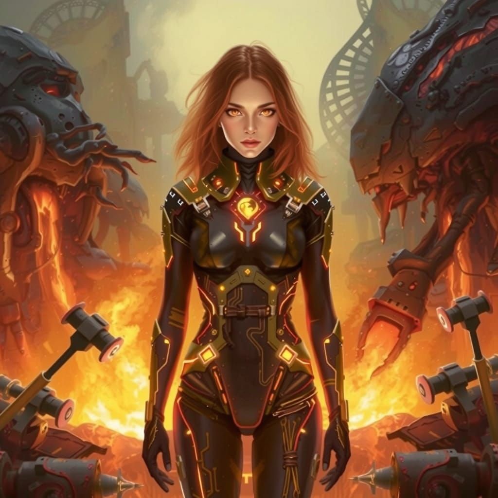 Woman in Volcanic Forge with Molten Gold Eyes