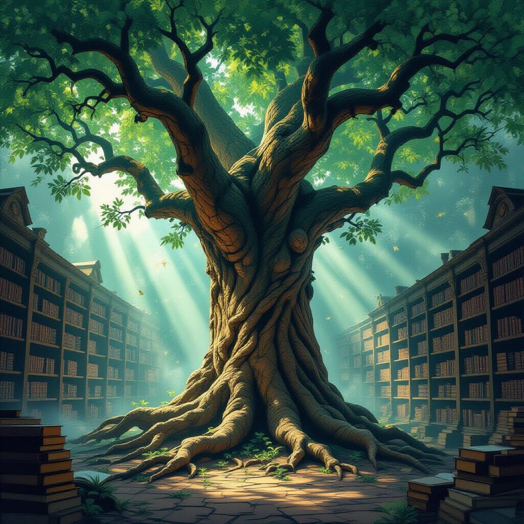 Ancient Parchment Tree in Forgotten Library
