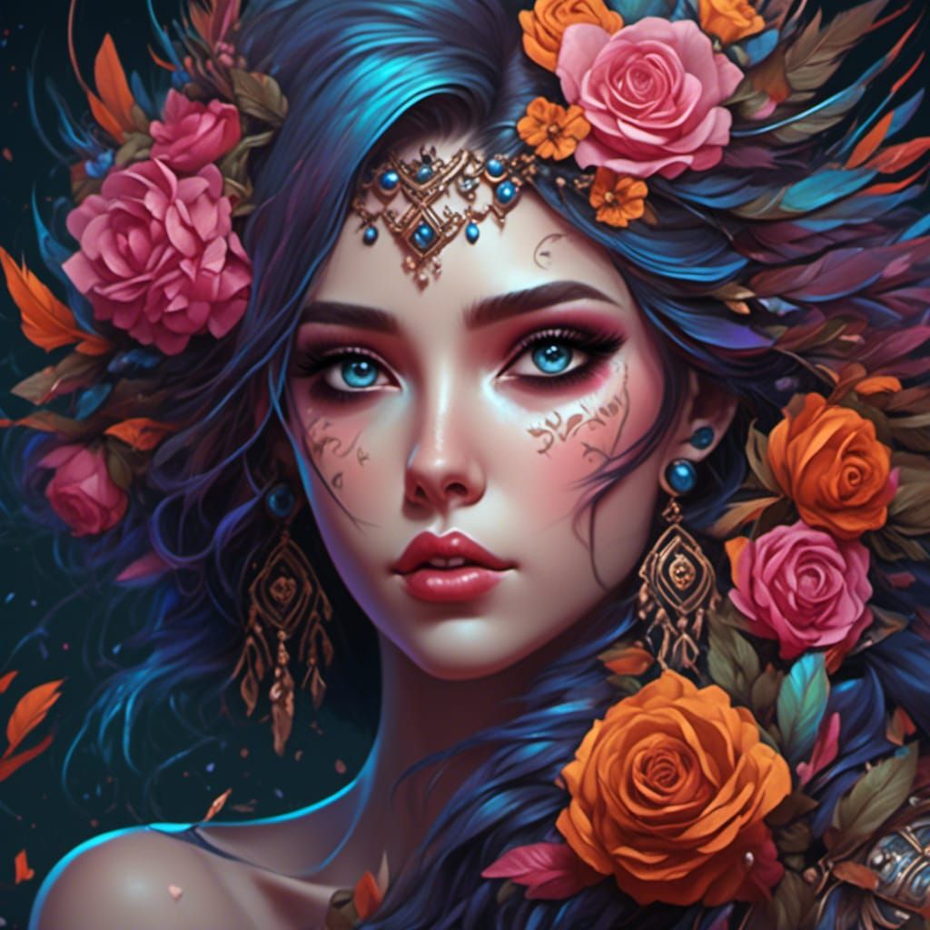 Bohemian Woman Portrait with Roses in Art Nouveau Style