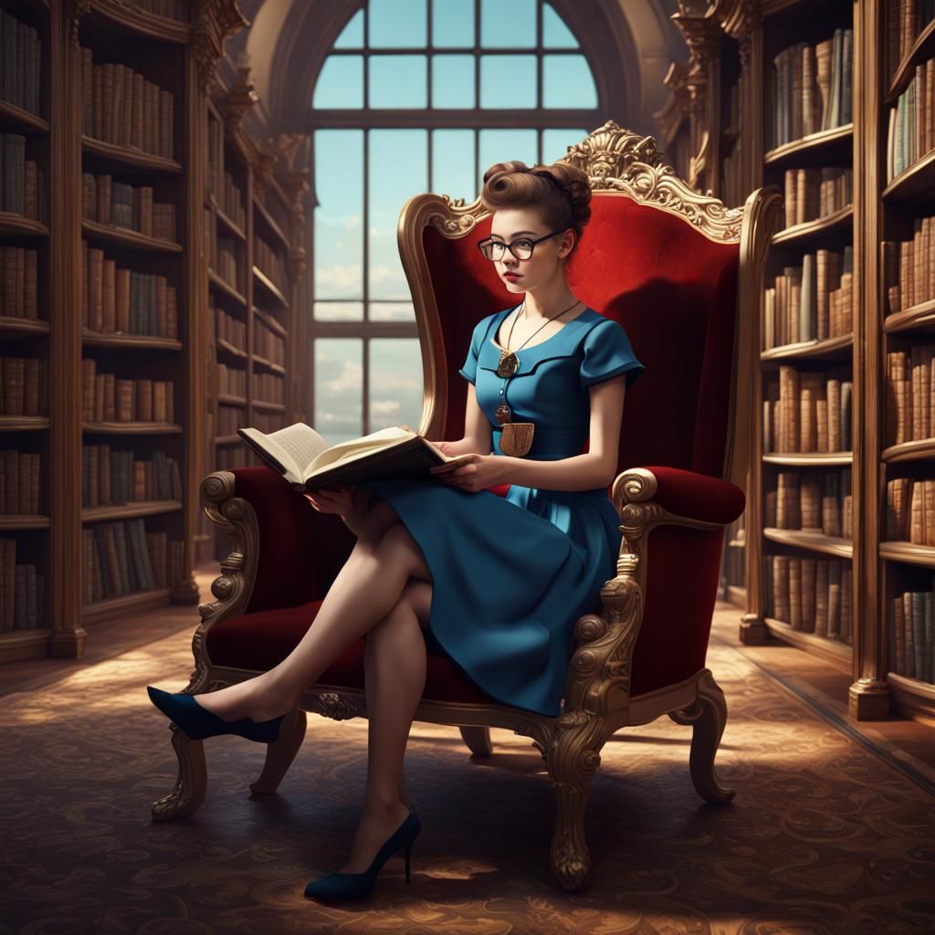 Girl Reading Book in Library, Detailed Matte Painting