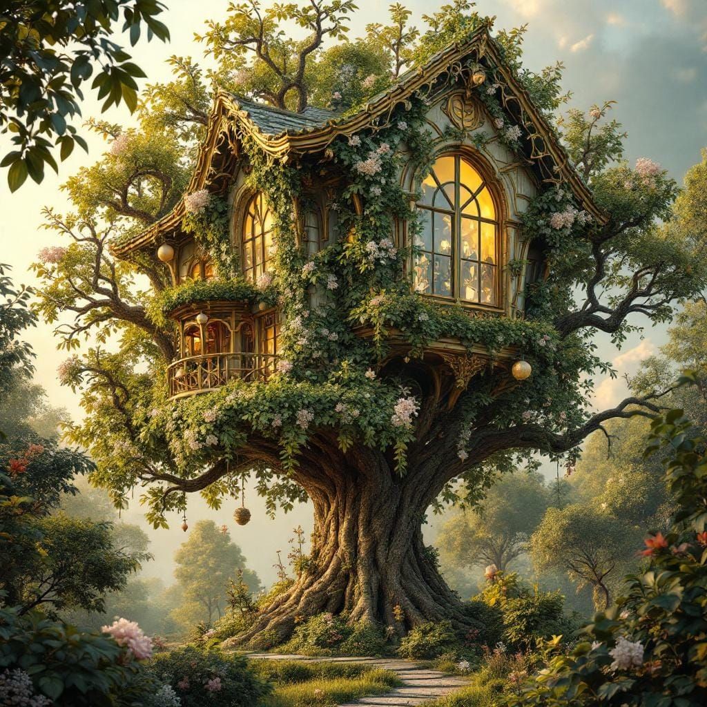 Ornate Treehouse with Gold Trim in Art Nouveau Style