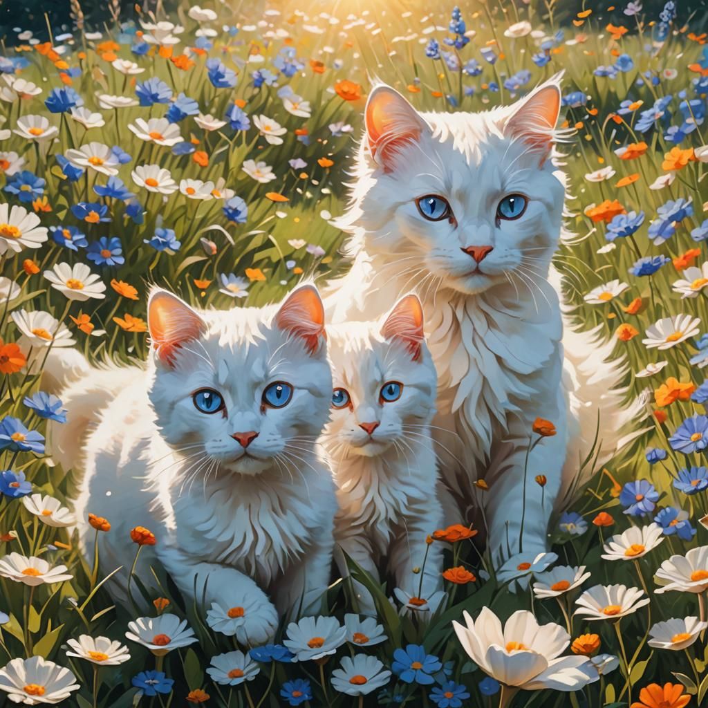 Dreamy Oil Painting: Three Cats in Flower Meadow