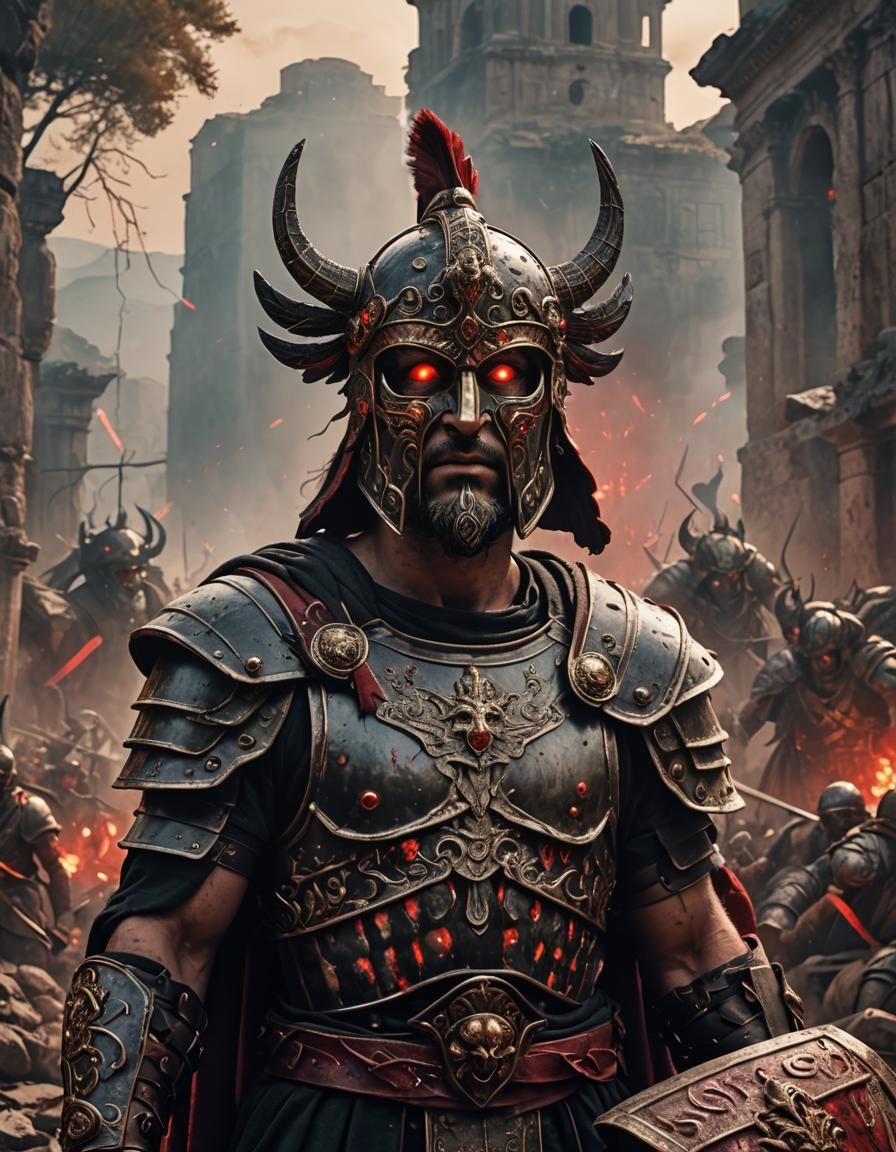 Roman War God with Glowing Eyes in Battle