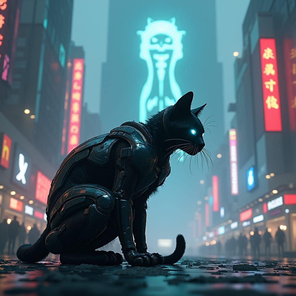 Futuristic Ninja Cat in Cyberpunk Metropolis