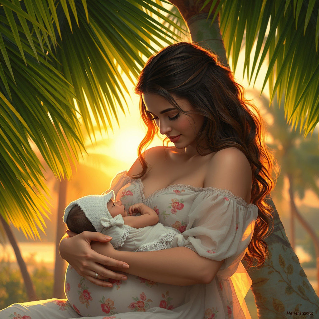 Mother and Child in Tropical Sunset: Ethereal Painting