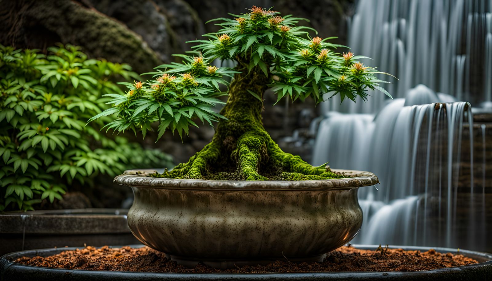 A Hybrid Bonsai/Sensimilla Cannabis Plant In a Water Fountain Waterfall (Continued)
