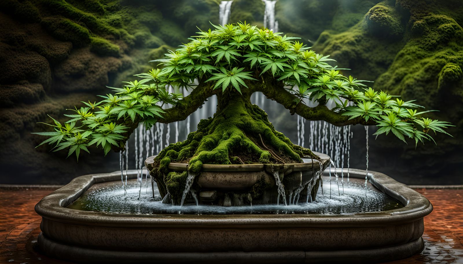A Hybrid Bonsai/Sensimilla Cannabis Plant In a Water Fountain Waterfall (Continued)
