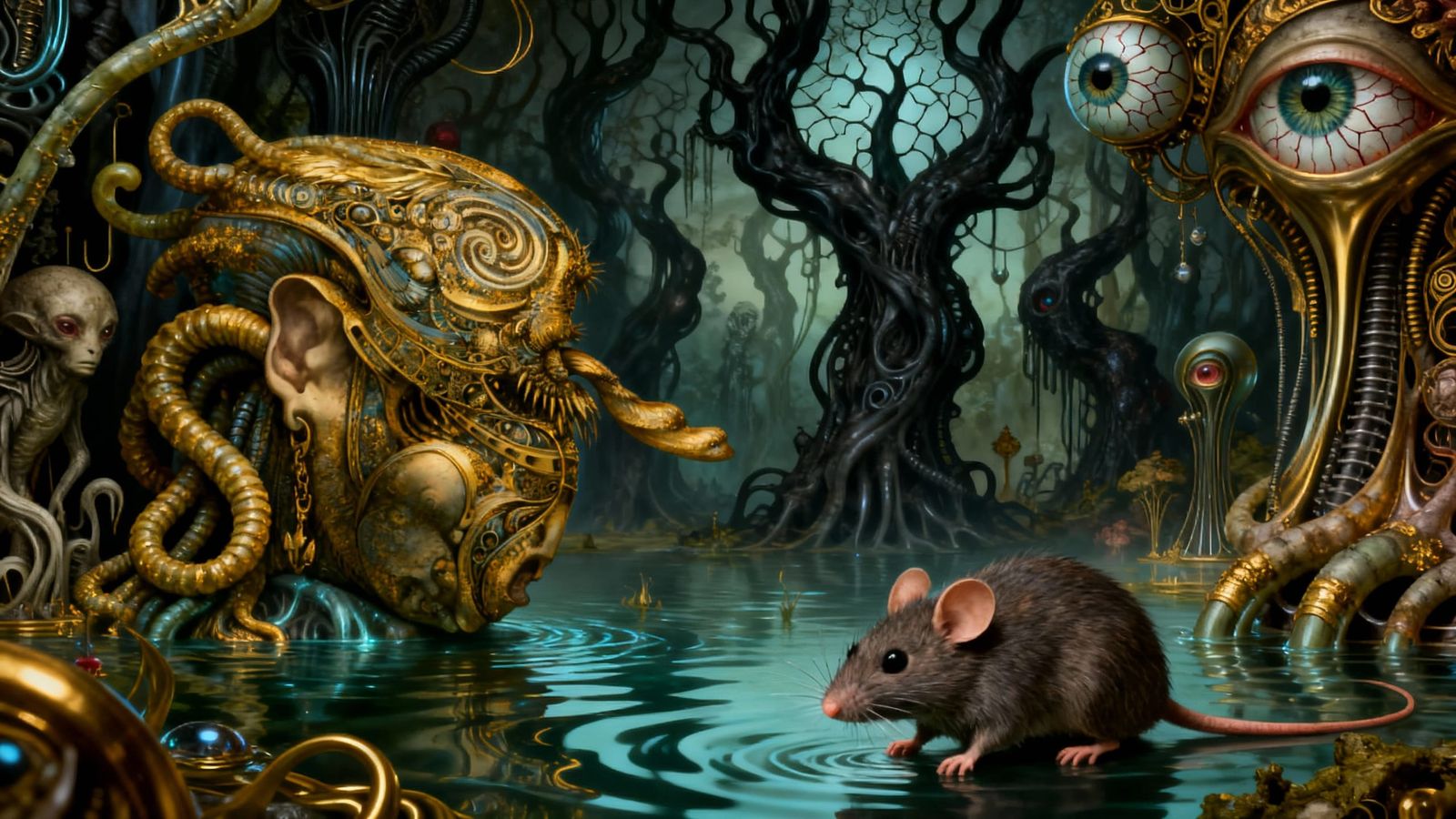 Cryptid Swamp Landscape with Cyberpunk Elements