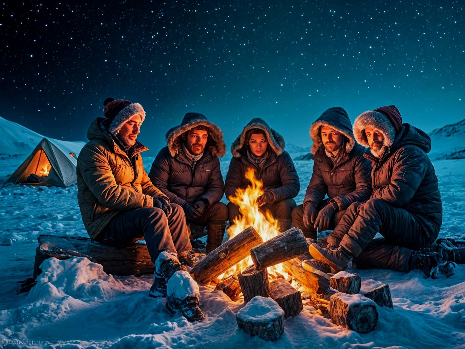 Winter Camping Scene in Vivid Color