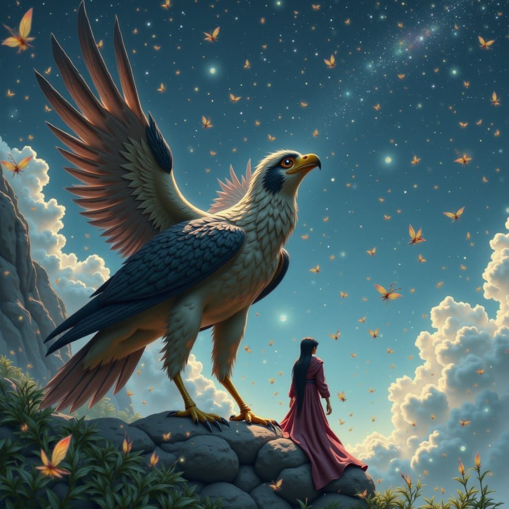 Woman and Magical Raptor Bird Gazing at Sky