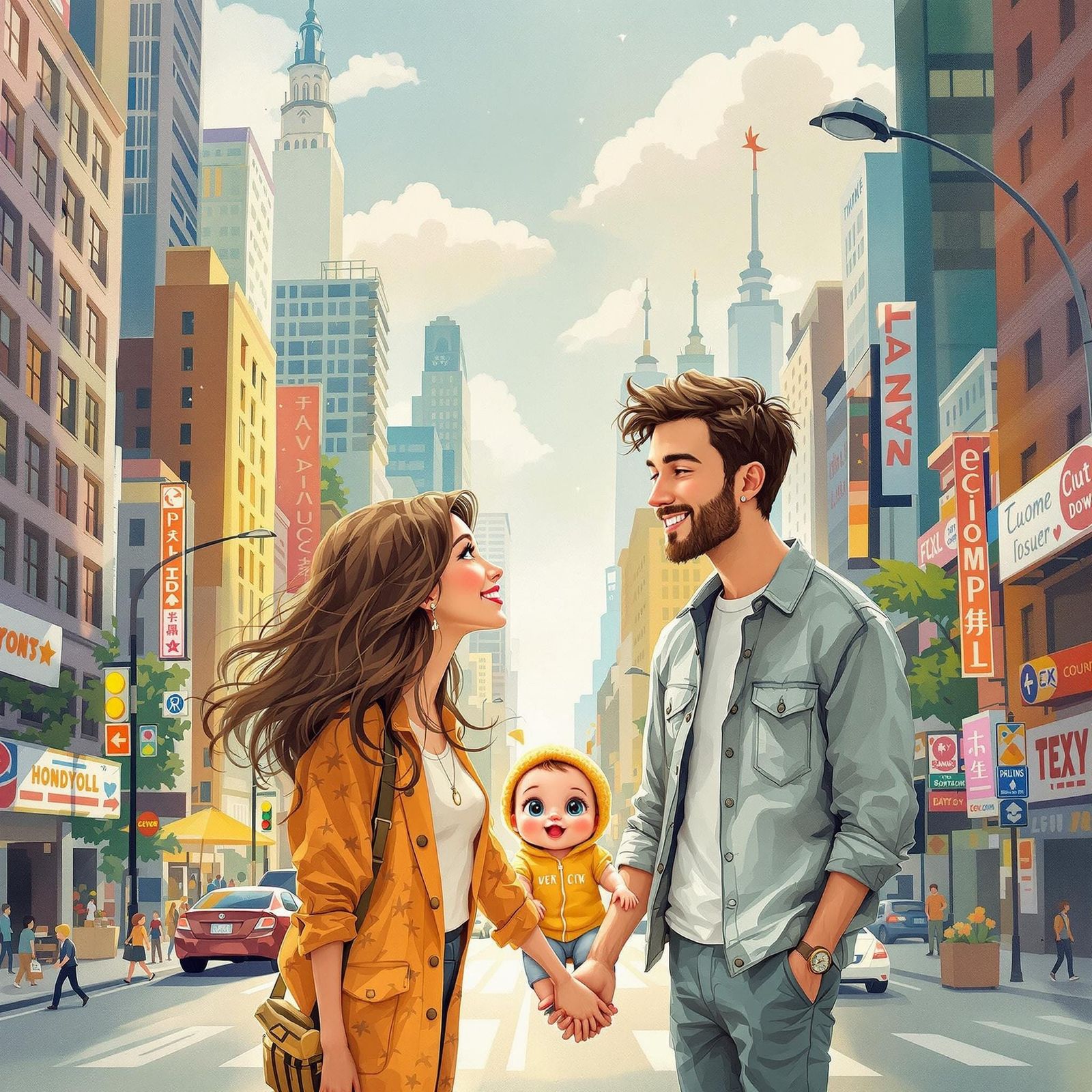 Loving Family in Cityscape, Expressive Illustration