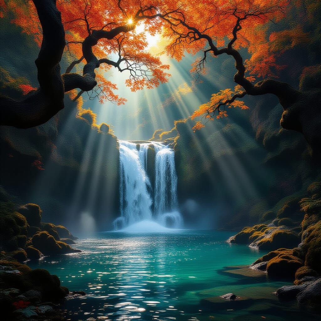 Hidden Waterfall in Autumn Forest with Celestial Light
