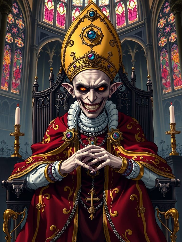 Sinister Anime Pope with Golden Accents and Gothic Cathedral