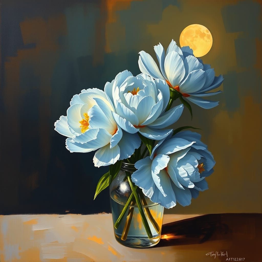 Blue Peonies in Abstract Impressionist Style