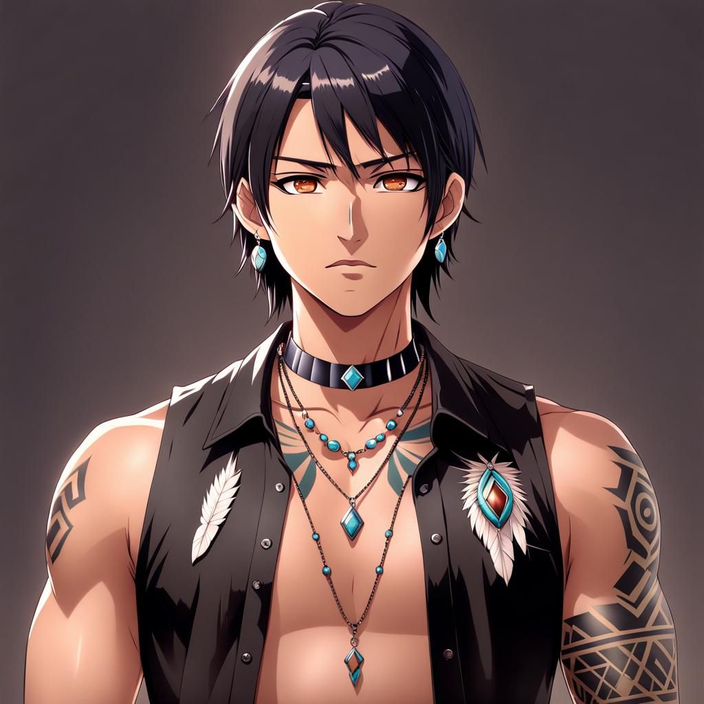 Handsome Native American Man in Anime Style