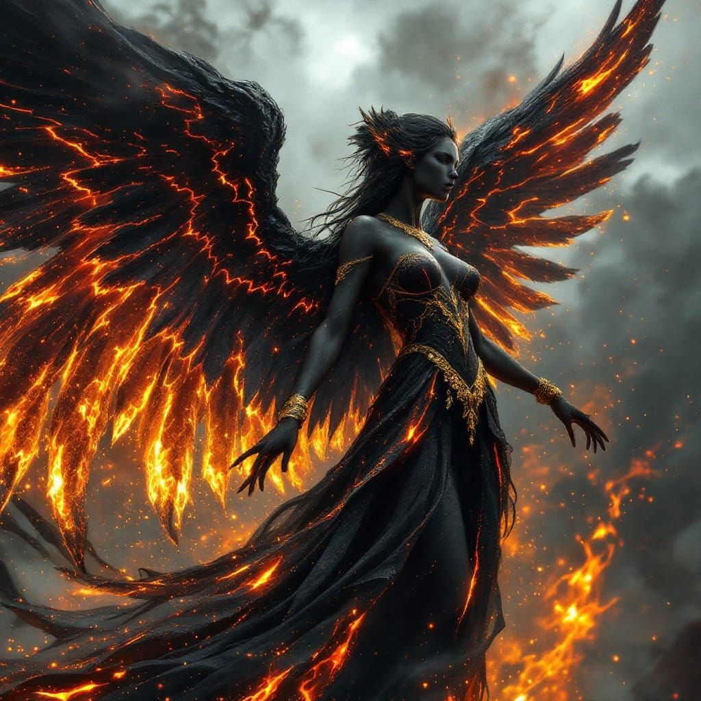 Dark Fantasy Volcanic Goddess with Obsidian Wings