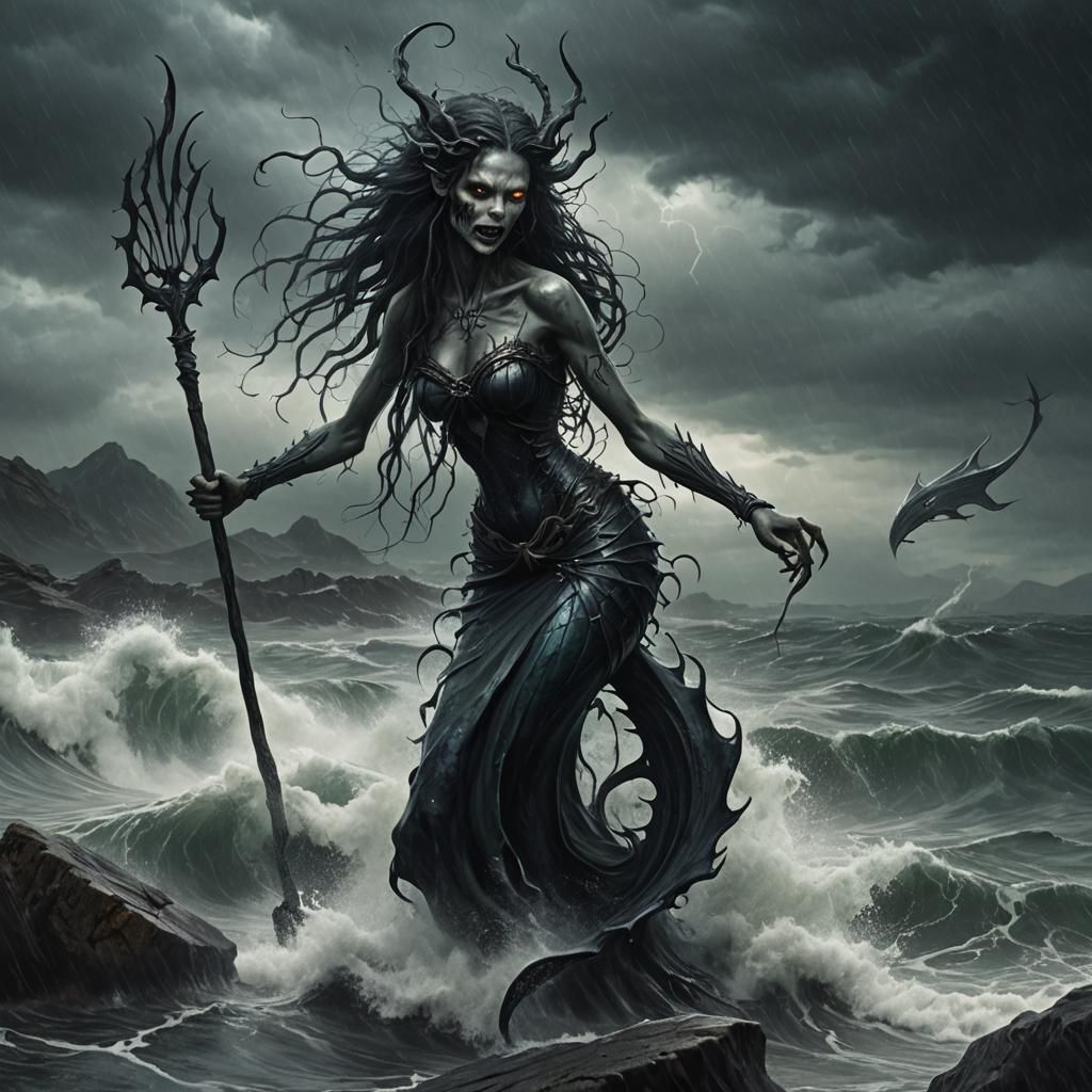 Demonic Mermaid Arises from Stormy Sea