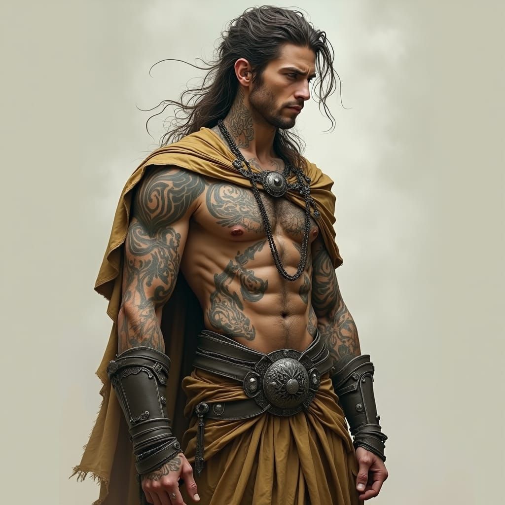 Tattooed Man in Robes and Armor: Fantasy Illustration