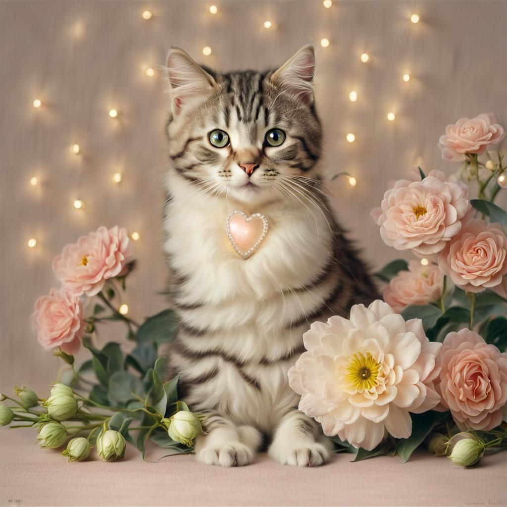 Cute Cat Portrait with Heart Lights, Ethereal Style