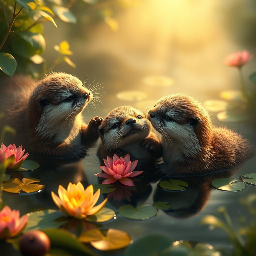 Enchanting Otter Family in Serene Pond