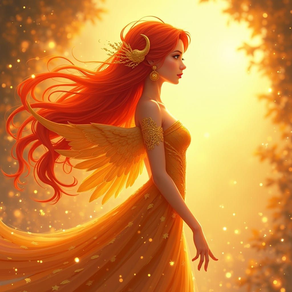 Golden Phoenix Goddess in Whimsical Sunrise Glory
