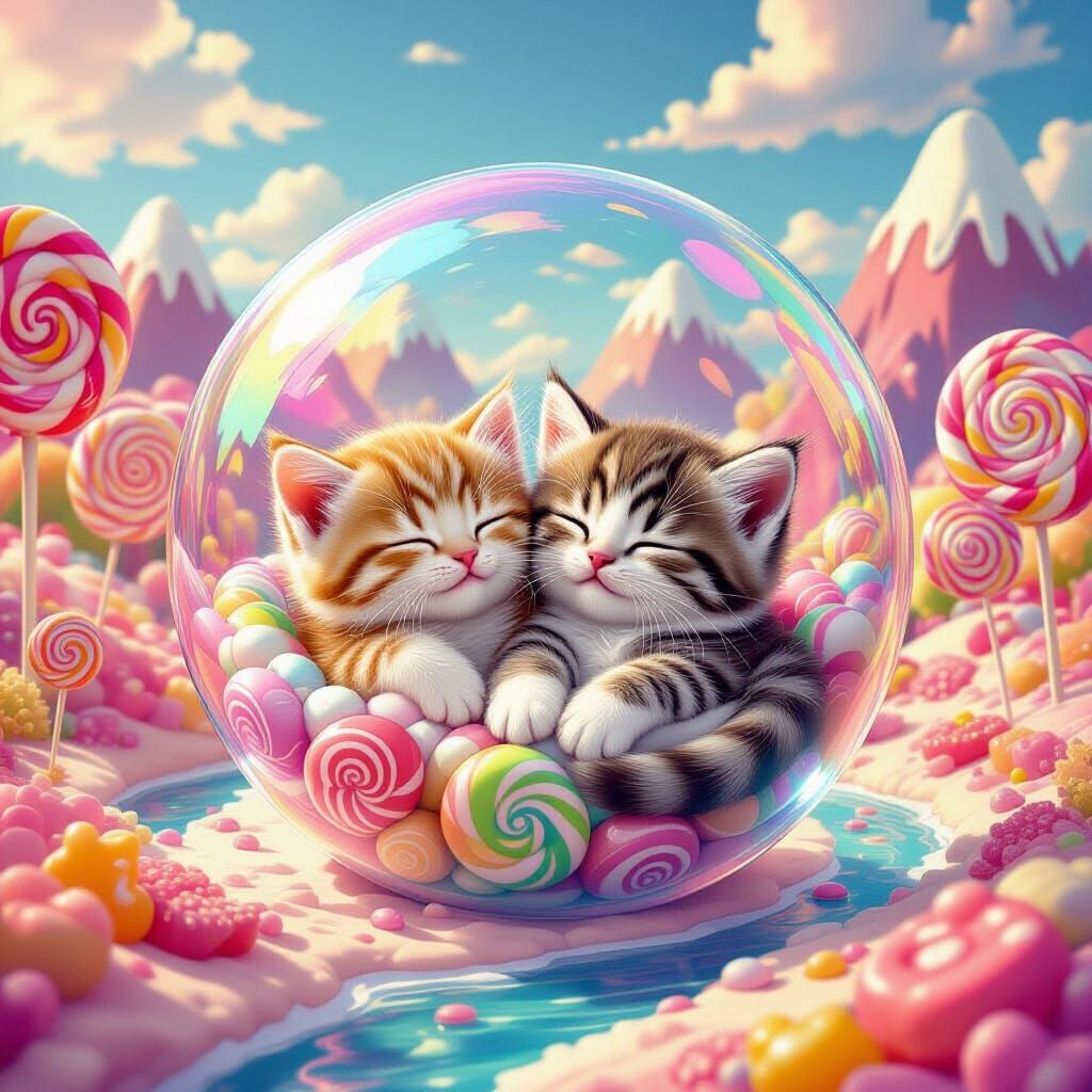 Kittens in Iridescent Bubble in Candy Land