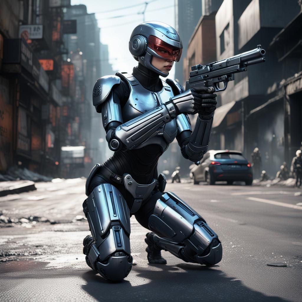 Female Robocop Kneeling with Gun, Fantasy Concept Art