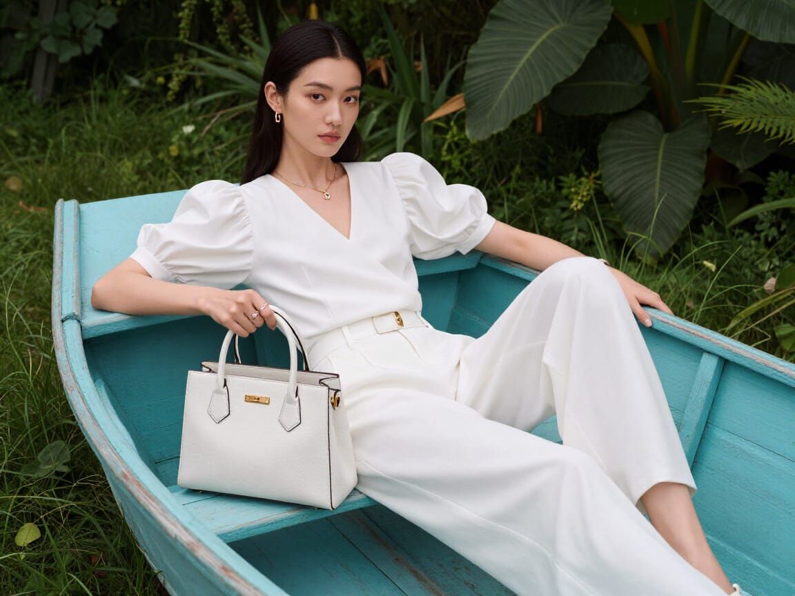 Elegant Woman with White Handbag in Turquoise Boat