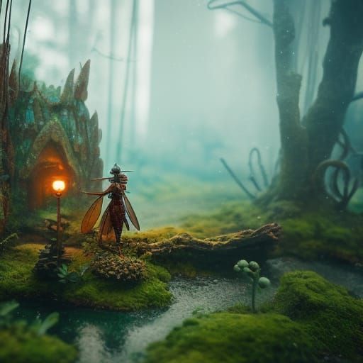 Dreamcore Dragonfly Diorama in Aetherpunk Style