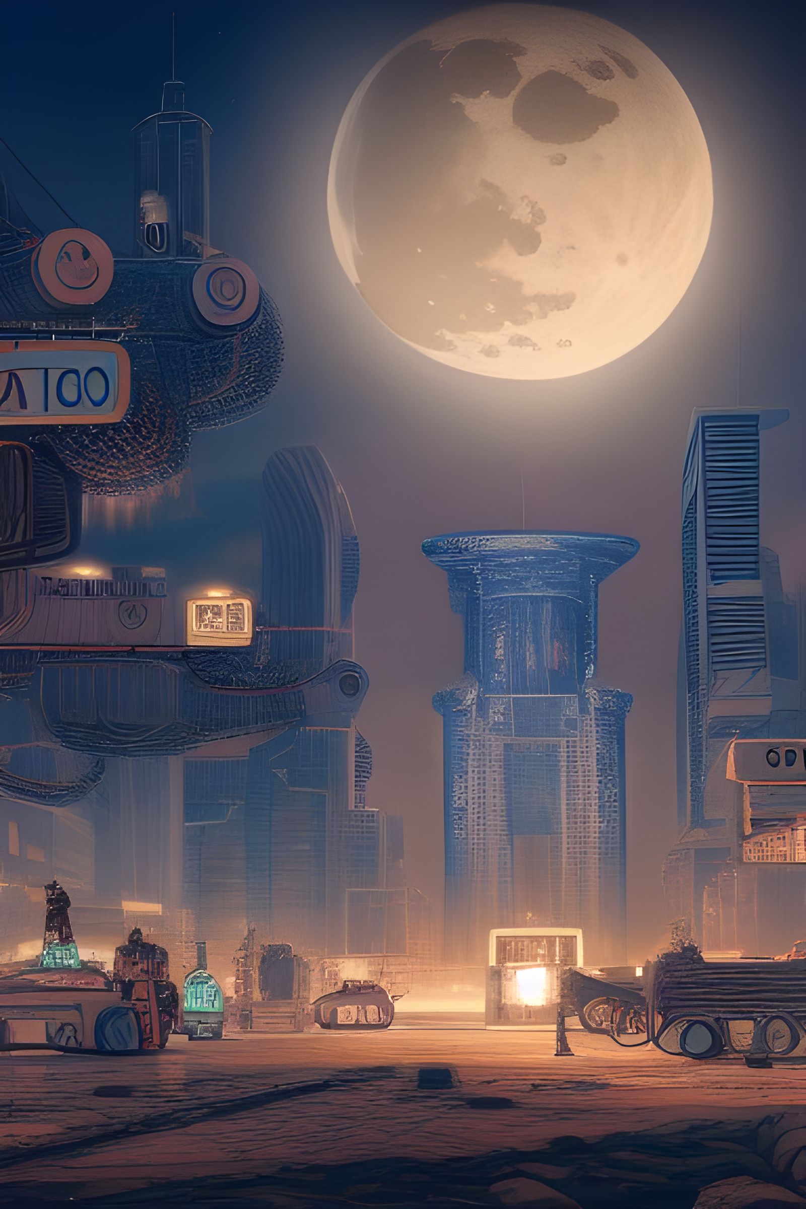 Retrofuturistic Lunar City in Mixed Media Style