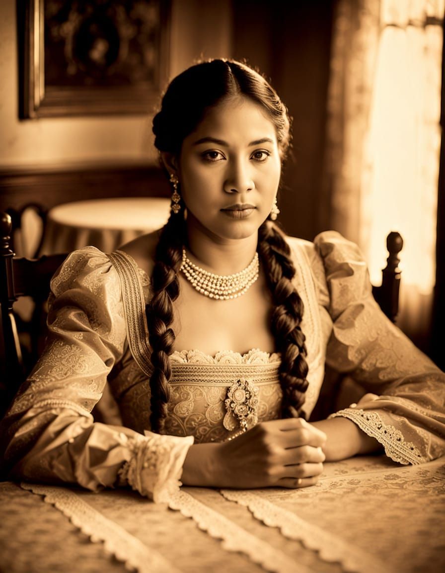 Native American Woman at Colonial Table, Vintage Photography