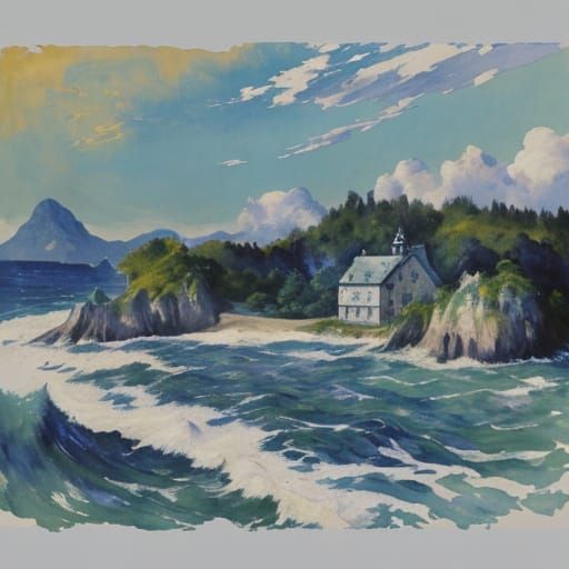 Tiny House by the Sea in Impressionist Style